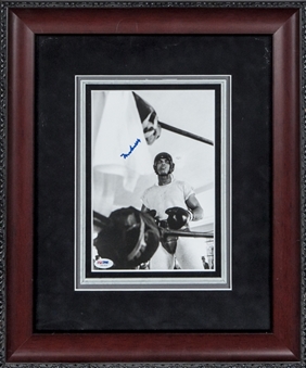 Muhammad Ali Autographed B&W Framed 8 x 10 Photograph of Ali Standing inside Ring with Head Gear and Gloves (PSA/DNA)